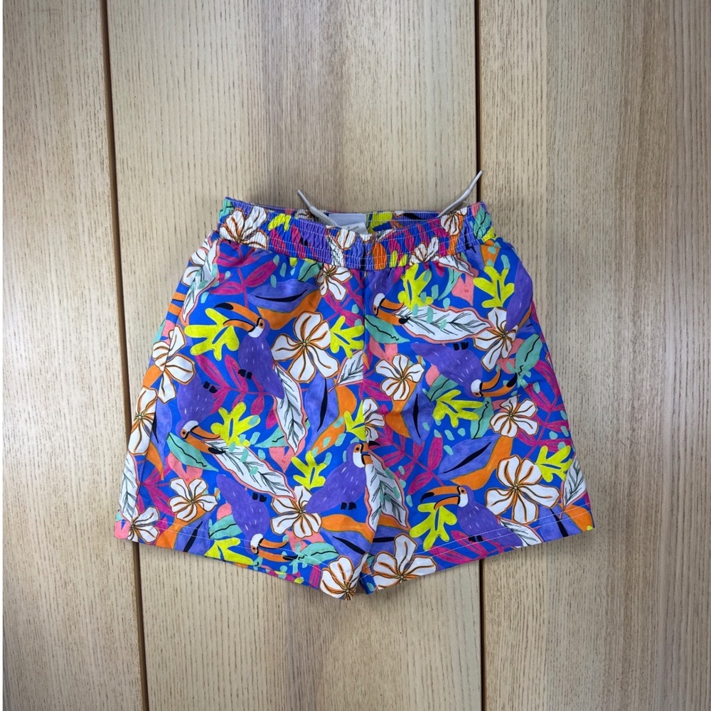 Florence Eiseman Boys Tropical Toucan Floral Swim Trunks Blue Orange Size